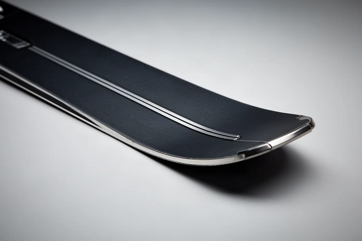 Gros plan sur une spatule de ski montrant la construction en couches et la carène métallique