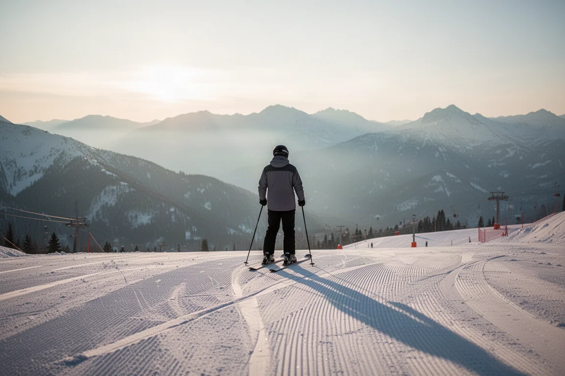 Skieur au sommet d'une piste damée au lever du soleil, regardant vers le bas de la pente