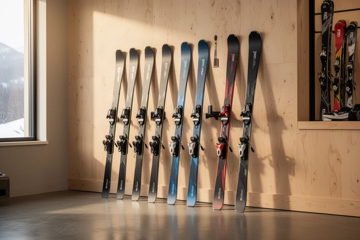 Rangée de skis alpins appuyés contre un mur en bois d'un magasin de ski