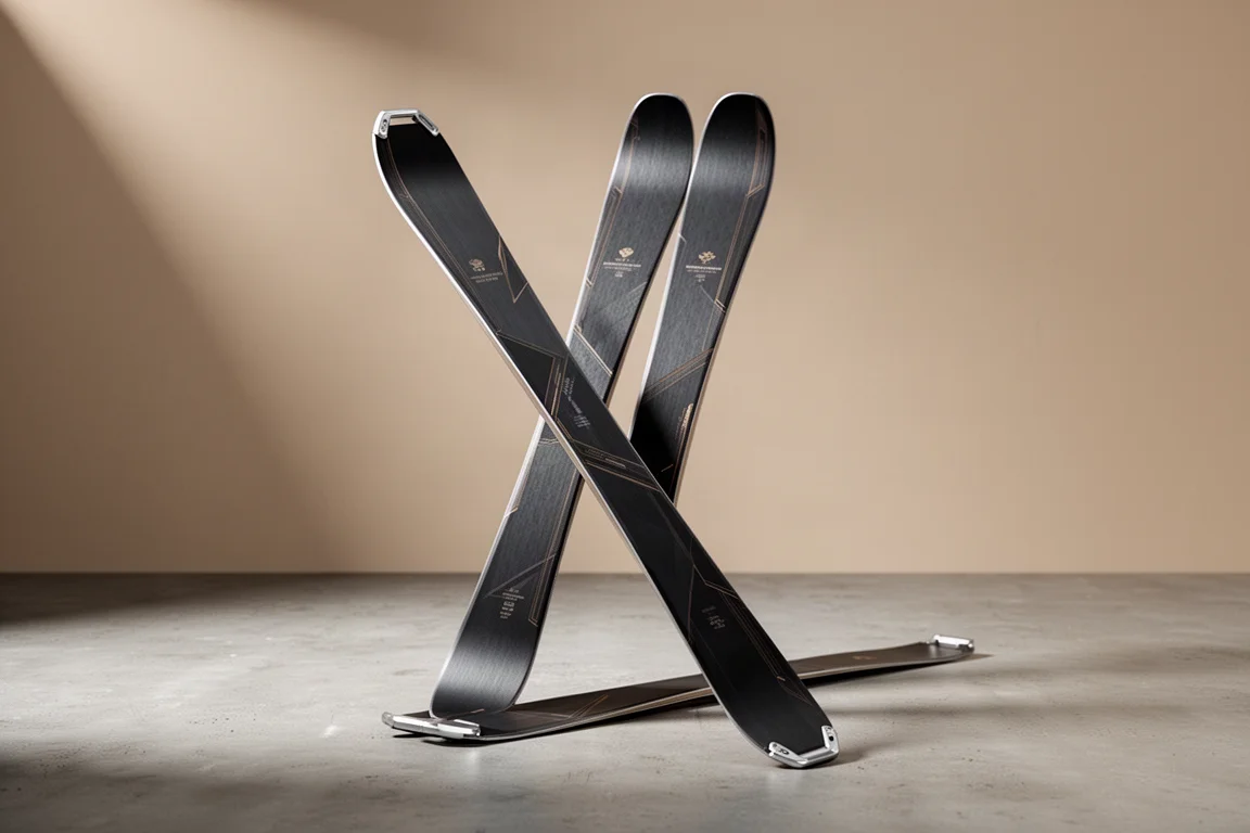 Paire de skis alpins frontside étroits dressés sur une surface de béton mat