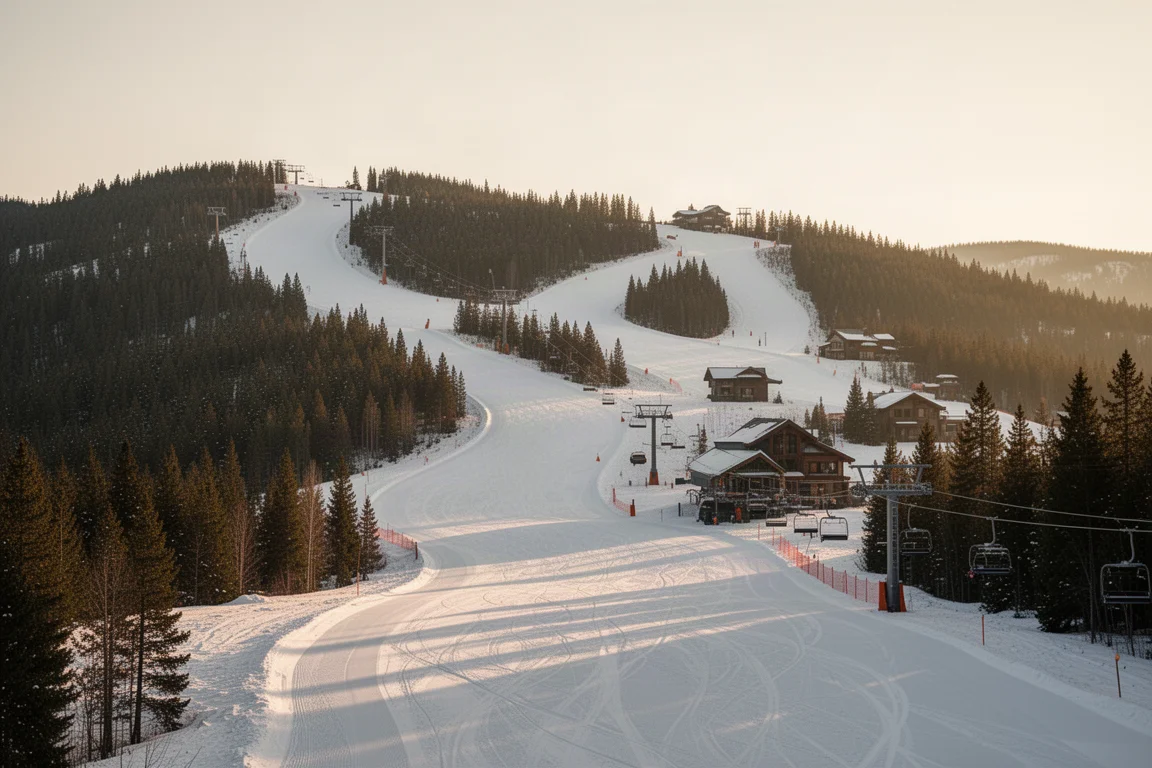 Skifahrer kämpft sich durch gehackten, veränderlichen Schnee am Rand einer präparierten Piste