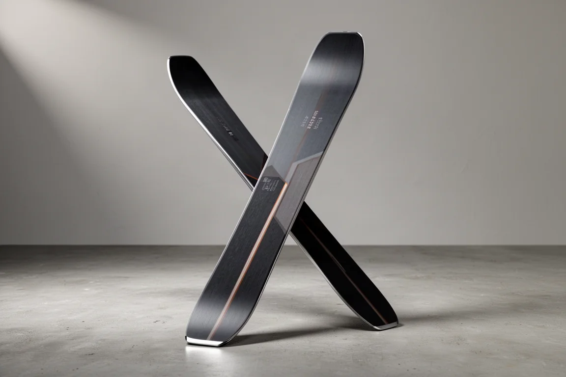 Pair of dark charcoal all-mountain alpine skis standing against a concrete wall