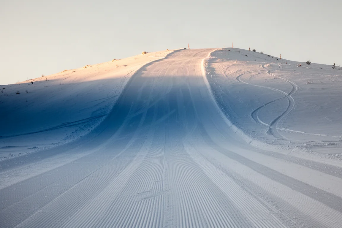 Freshly groomed ski run at first light with corduroy lines and faint carved tracks
