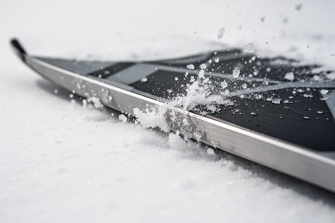 Close-up of a ski edge biting into firm chalky snow with ice crystals spraying