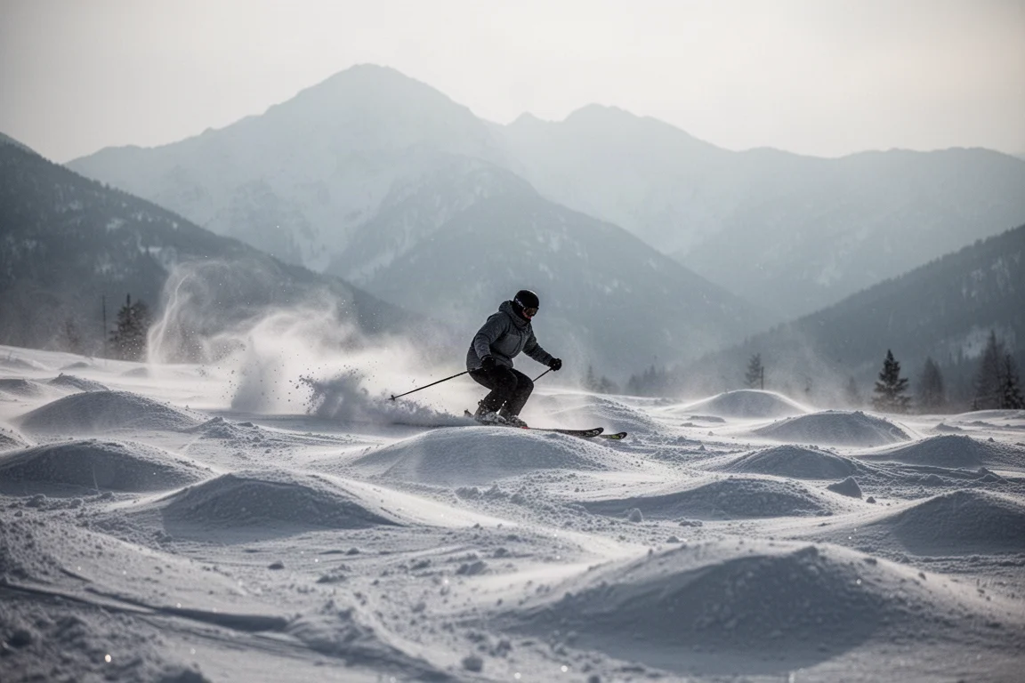 Skier working through a cold wind-affected mogul field with snow trailing behind