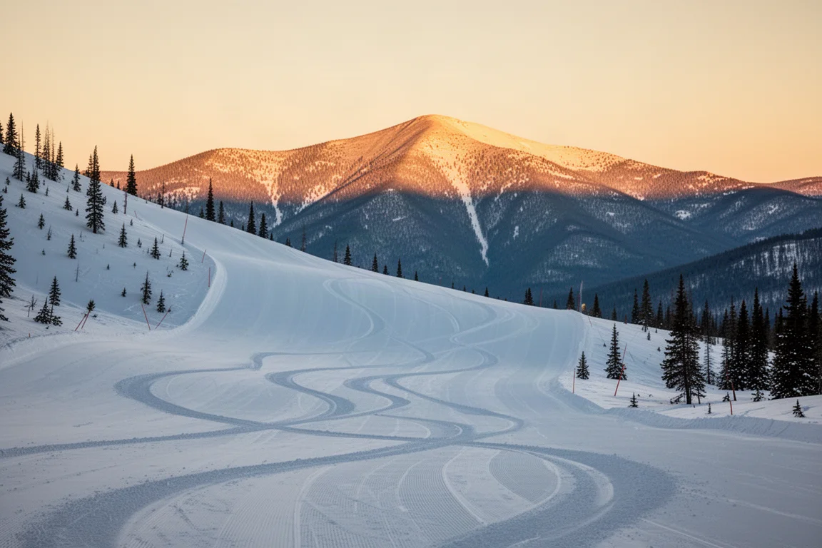 Wide groomed ski run at golden hour with alpenglow on the ridgeline