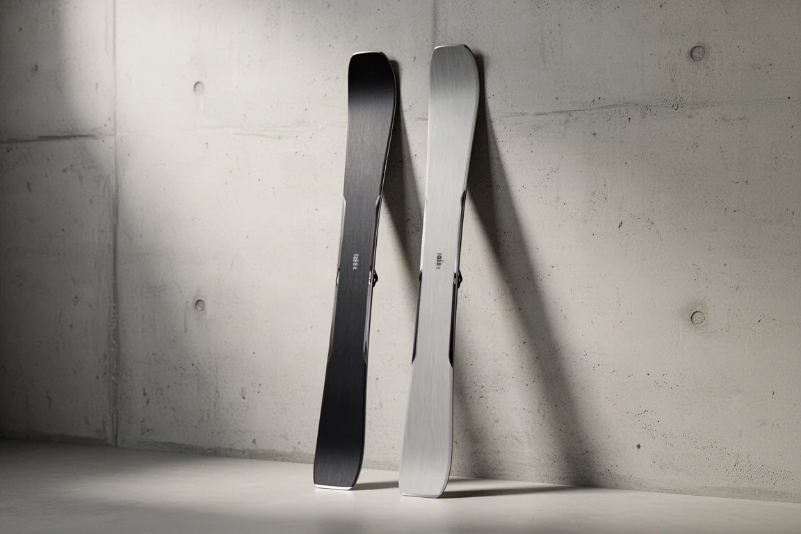Two pairs of premium 88 mm all-mountain skis standing against a concrete wall