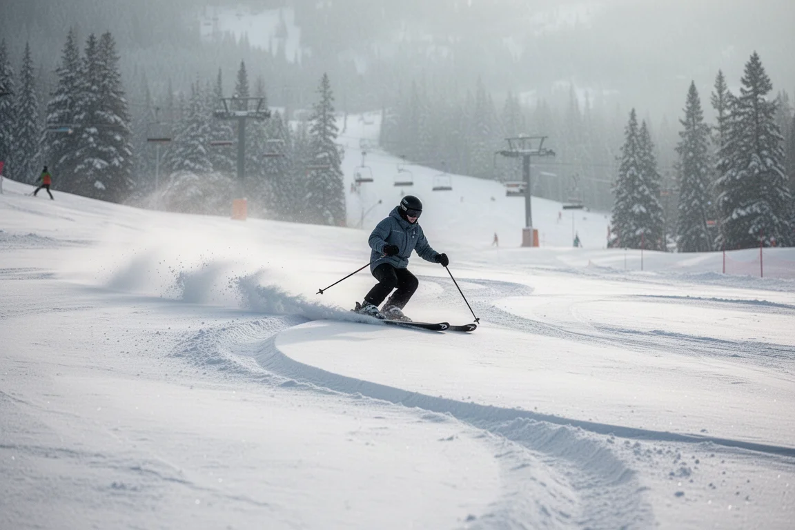 Esquiador trazando curvas suaves sobre nieve compactada firme bajo un cielo despejado