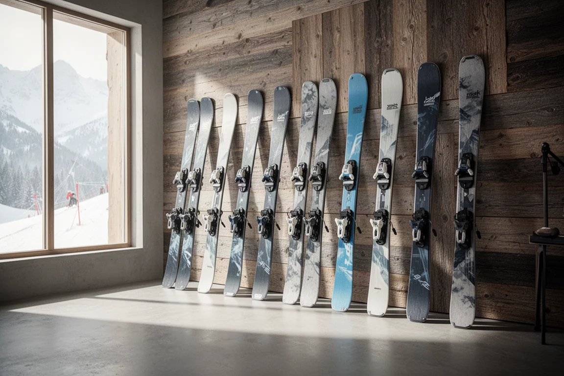 Row of freeride skis standing against a timber wall in a mountain ski shop