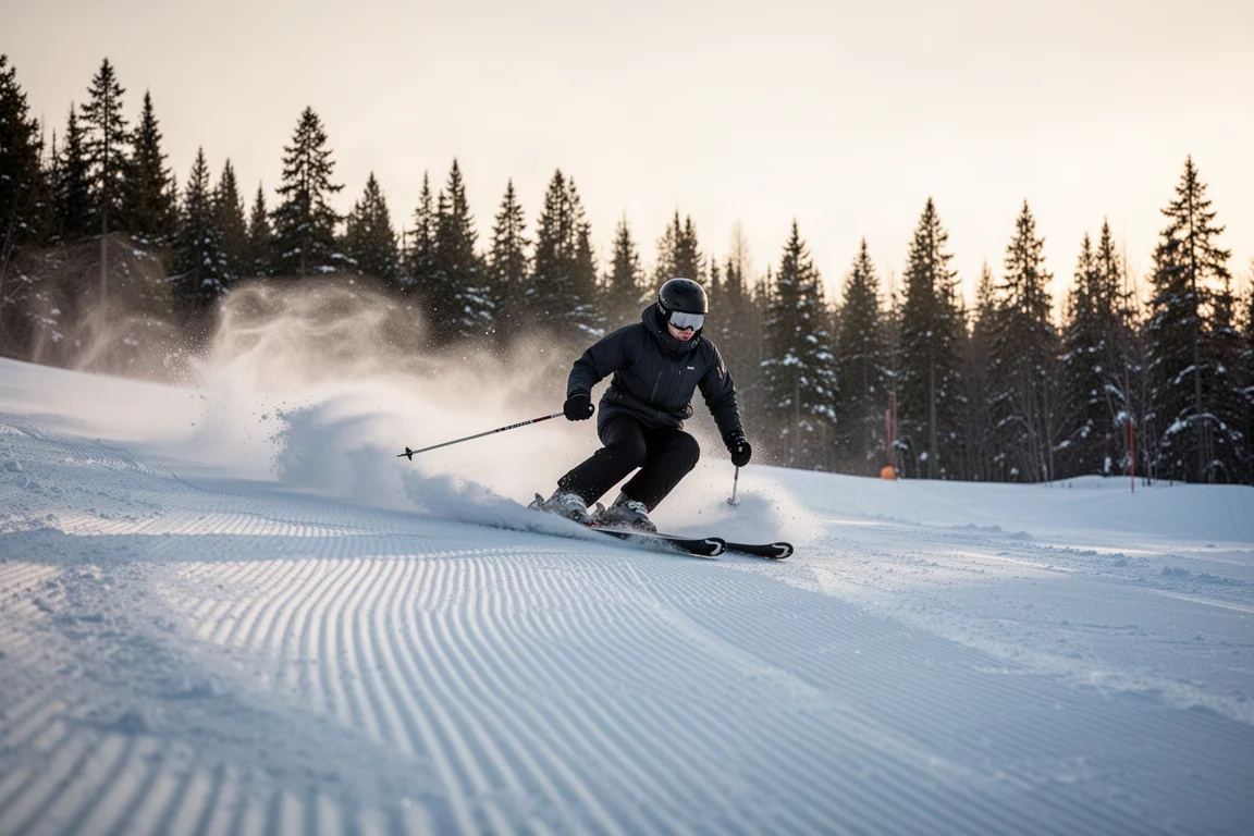 Skier carving short turns on a groomed piste at first light