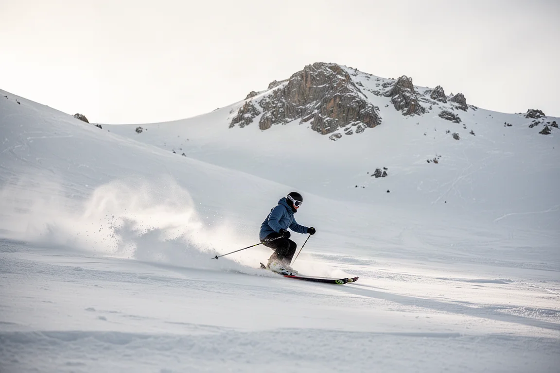 Skier drifting through soft spring snow in a wide open alpine bowl