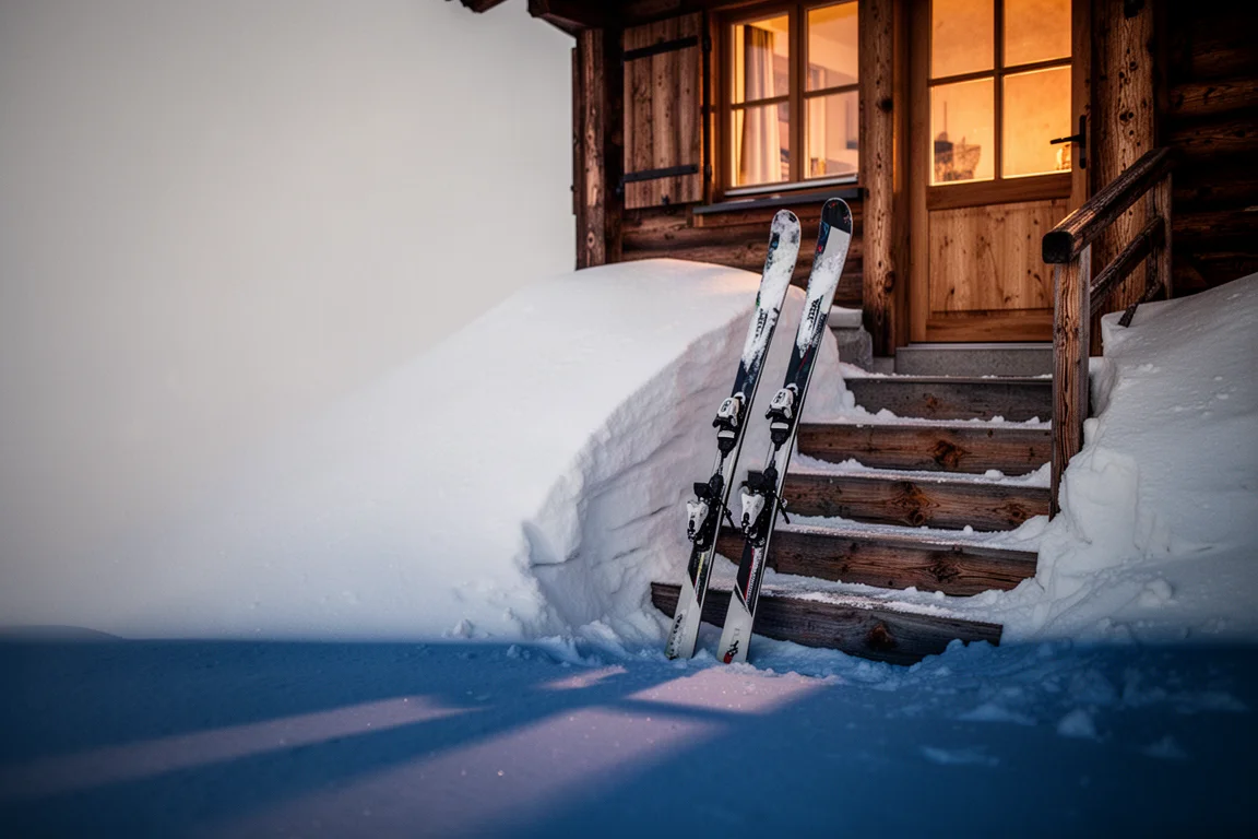 Pair of skis leaning against a snowbank outside a timber mountain lodge at dusk
