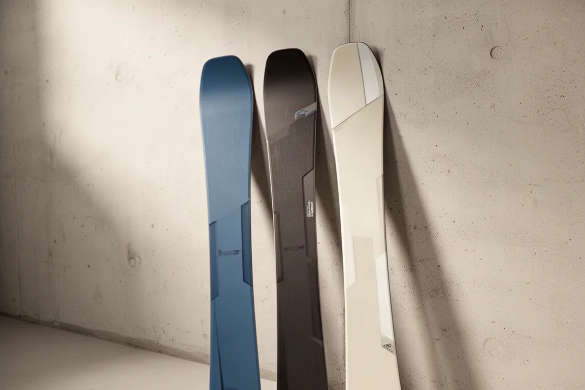 Three freeride skis of increasing width leaning side by side against a pale concrete wall