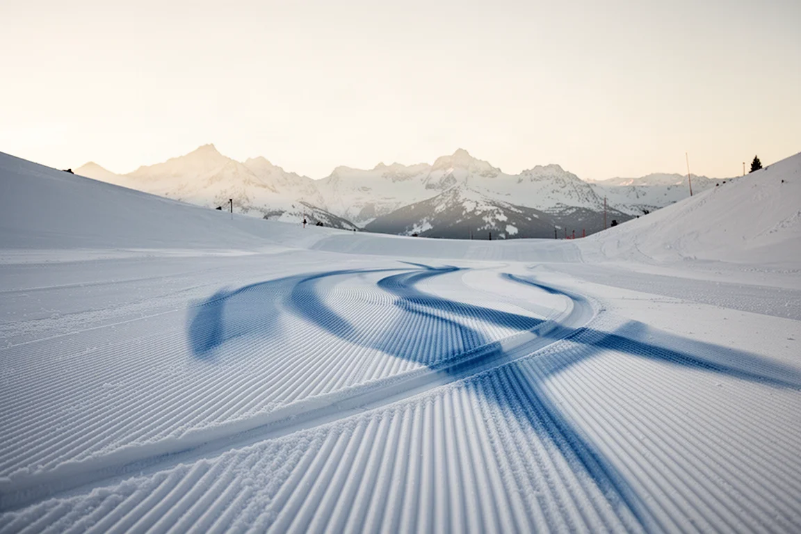 Frisch präparierte Skipiste bei Sonnenaufgang mit sauberen Carving-Spuren im Schnee
