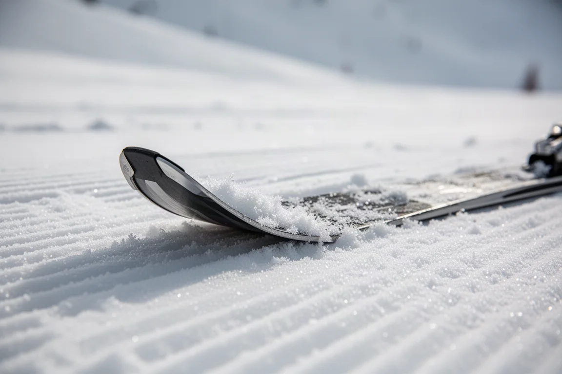 Nahaufnahme einer Ski-Schaufel, die sich in festen präparierten Schnee biegt, während die Kante in die Oberfläche greift