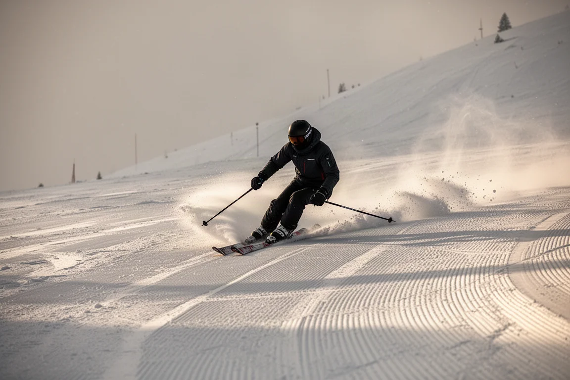 Skifahrer zieht eine enge Kurve auf einer breiten präparierten Piste im späten Nachmittagslicht