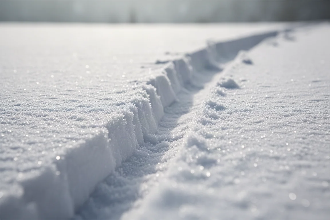 堅實壓平雪面上刻出弧槽的特寫,可見清晰的 ski 鋼邊線條