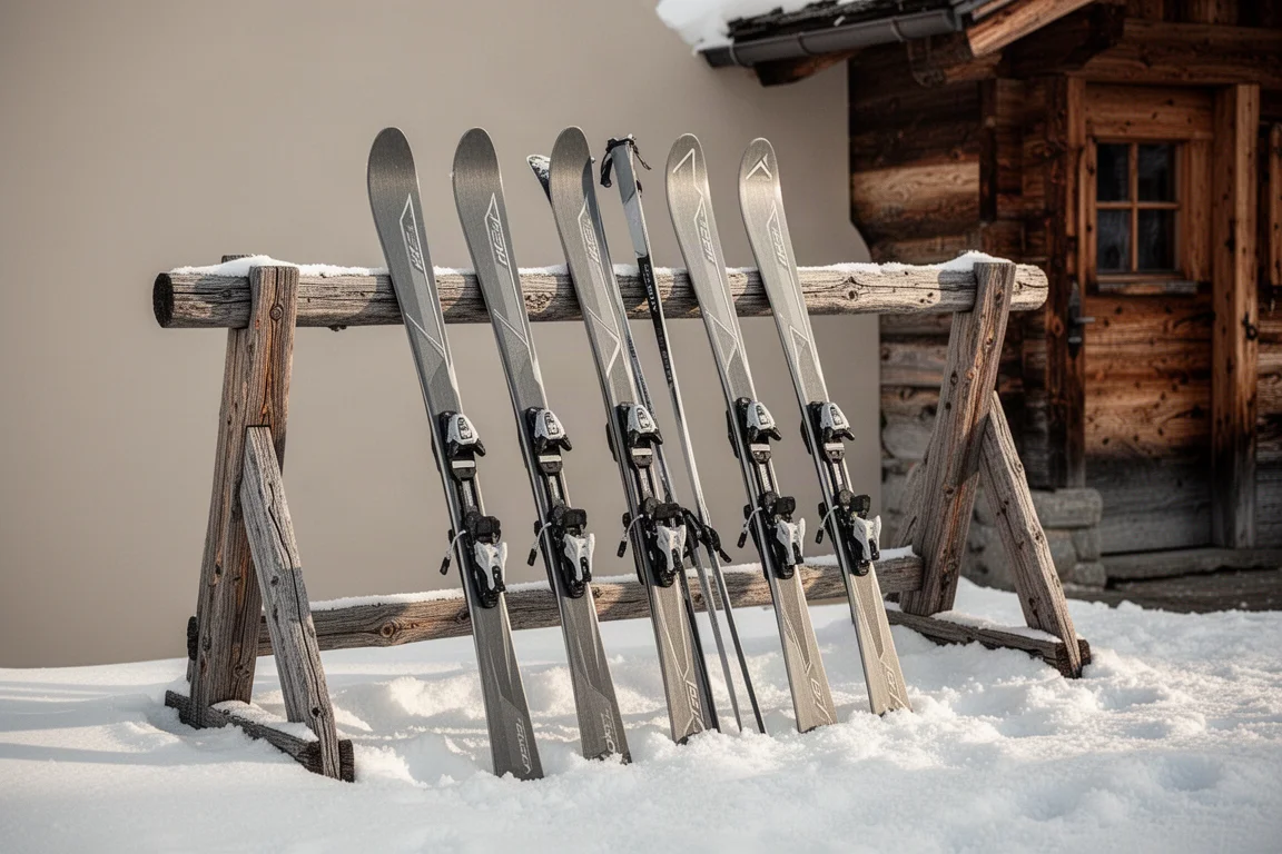 一排狹窄的 carving ski 靠在小木屋外的木製 ski 架上