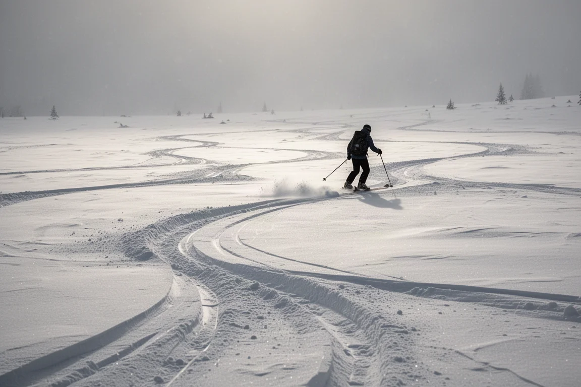 Sciatore che intaglia curve su neve a granelli sciolti lungo una pista battuta compatta