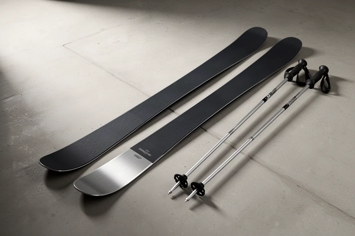 Pair of mid-width all-mountain alpine skis standing upright on a matte concrete surface