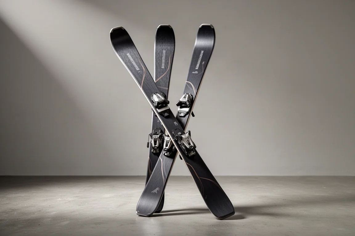 Pair of women's all-mountain carving skis standing upright on a matte concrete surface