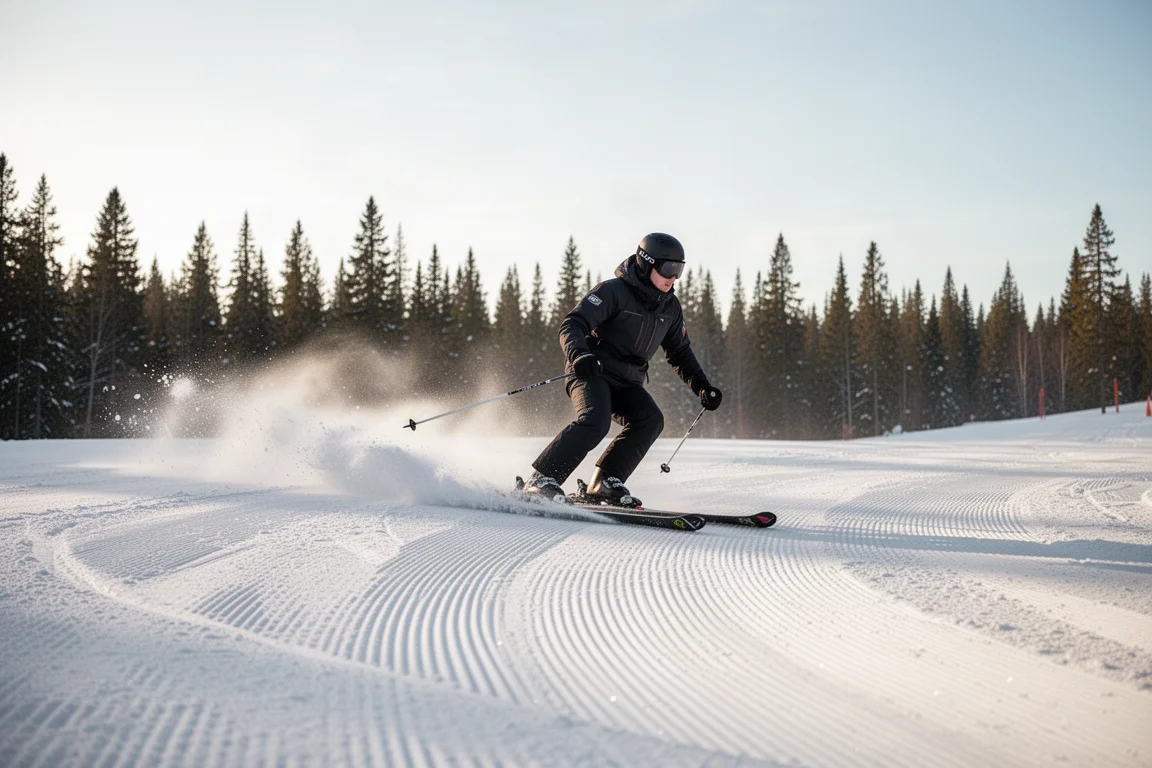 Skifahrer mitten in einer Kurve auf frisch präparierter Piste im tiefen Morgenlicht