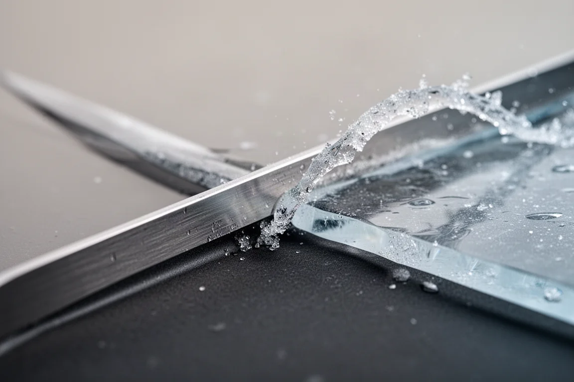 Nahaufnahme einer Skikante, die sich in glänzendes Hartes Eis schneidet