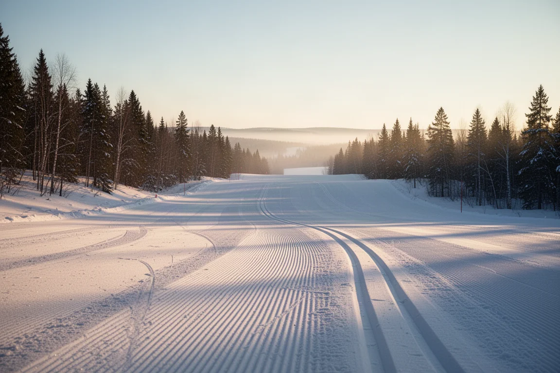 Leere präparierte Skipiste zur goldenen Stunde mit langen, geschnittenen Schwüngen