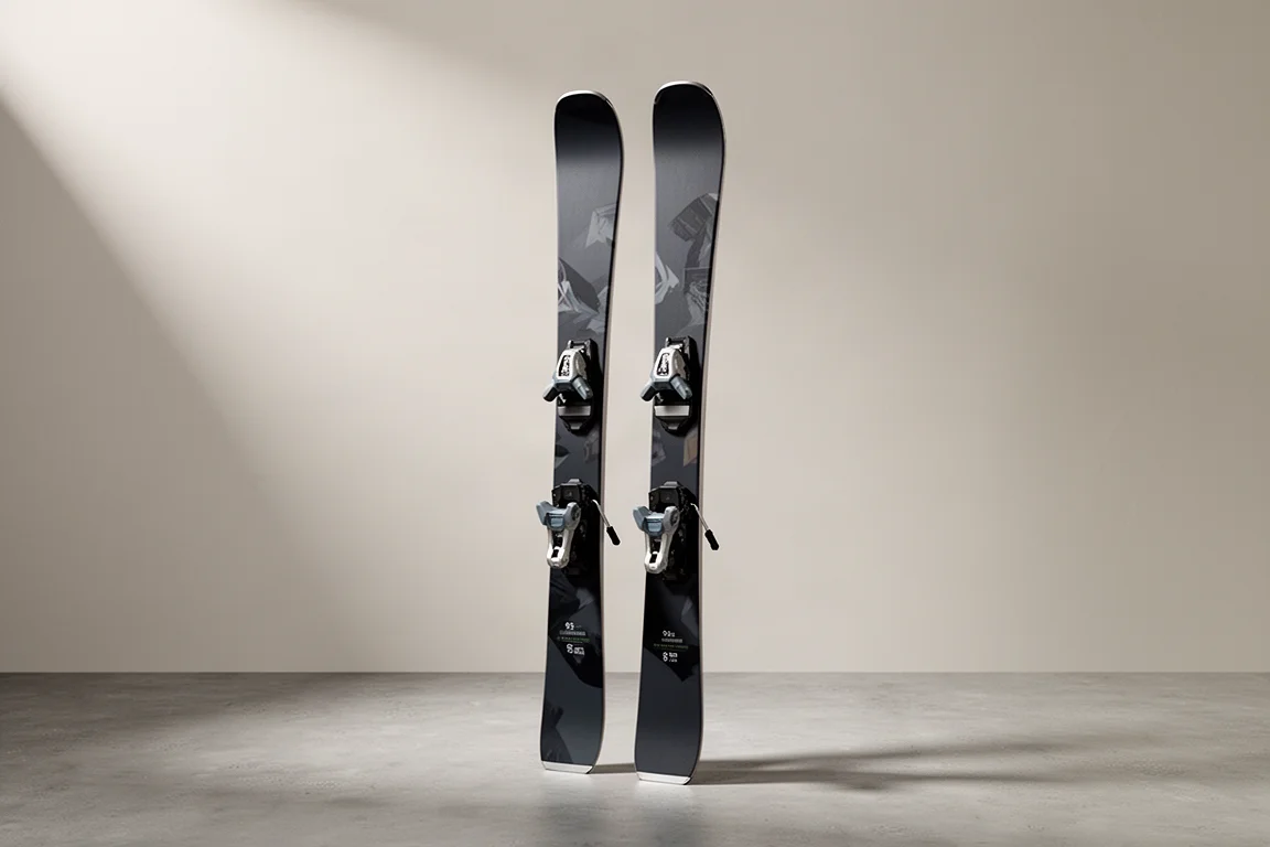 Pair of all-mountain skis with bindings standing upright on a matte concrete surface