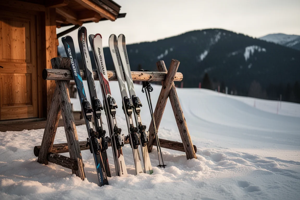 Esquís all-mountain apoyados en un rack de madera junto a un refugio de montaña