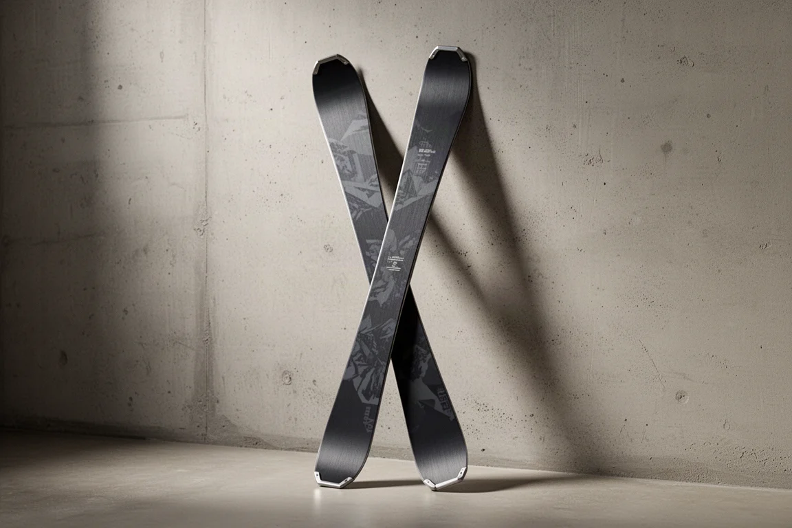 Wide all-mountain skis with dark top sheets standing against a concrete wall