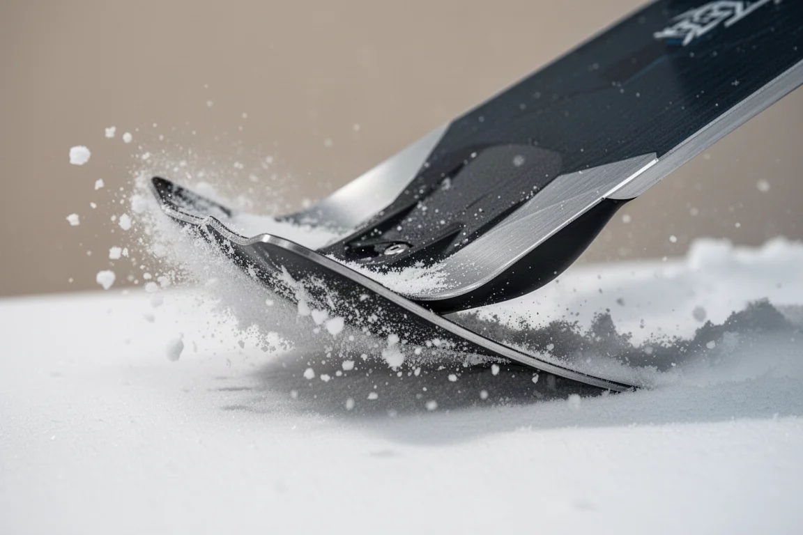 Närbild på en freerideskidasmal som böjs genom mjuk snö med puderslung