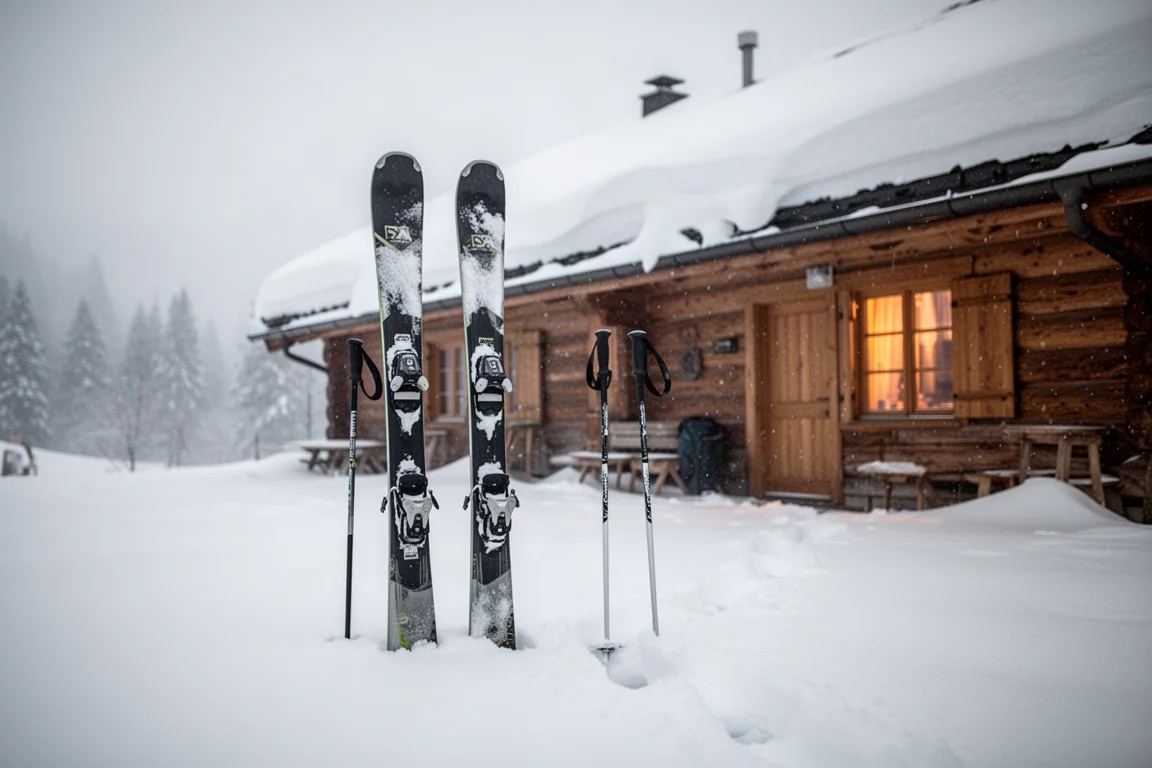 Freerideskidor och stavar stående i färsk snö utanför en timmerstuga