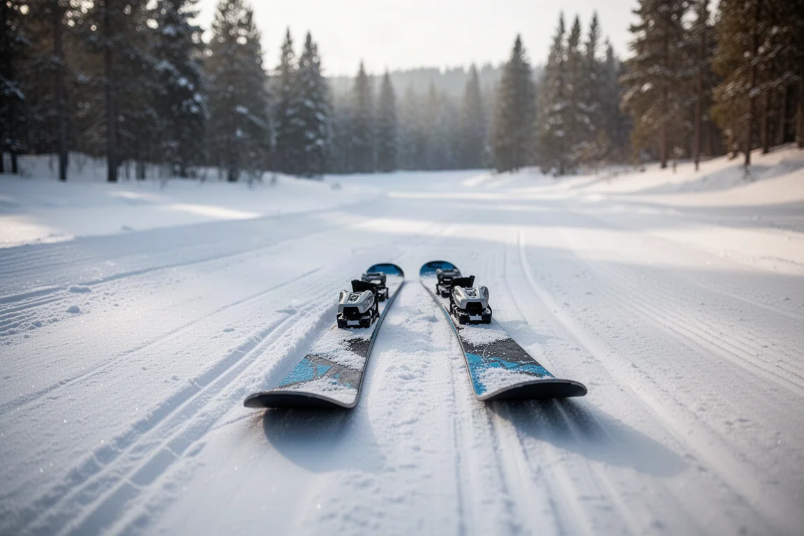 Two freeride skis laid flat on powder snow beside a groomed trail at sunrise