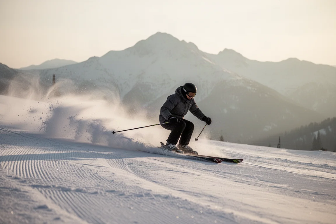 Skier carving a long high-speed arc on a firm groomed piste with snow spray