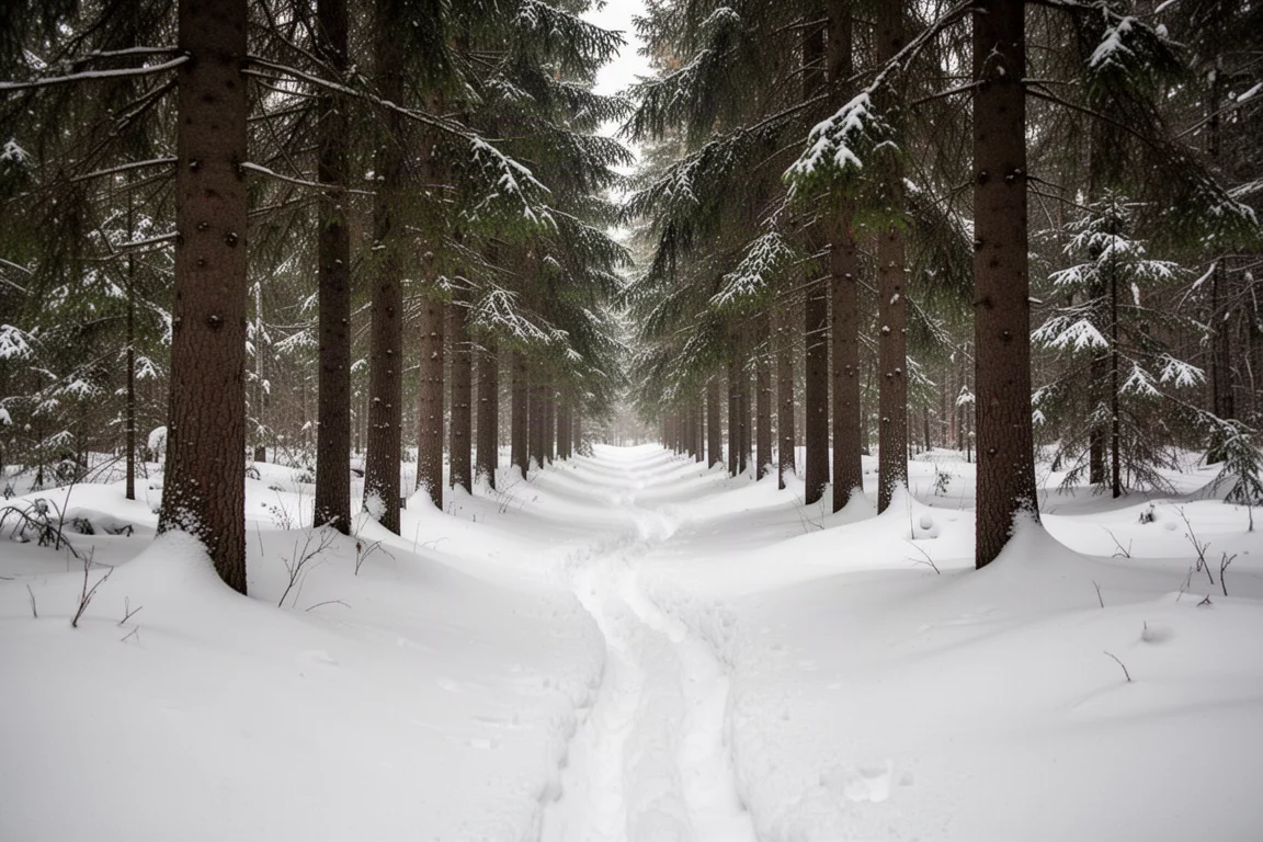 Narrow gladed tree run with fresh tracks weaving between snowy evergreens