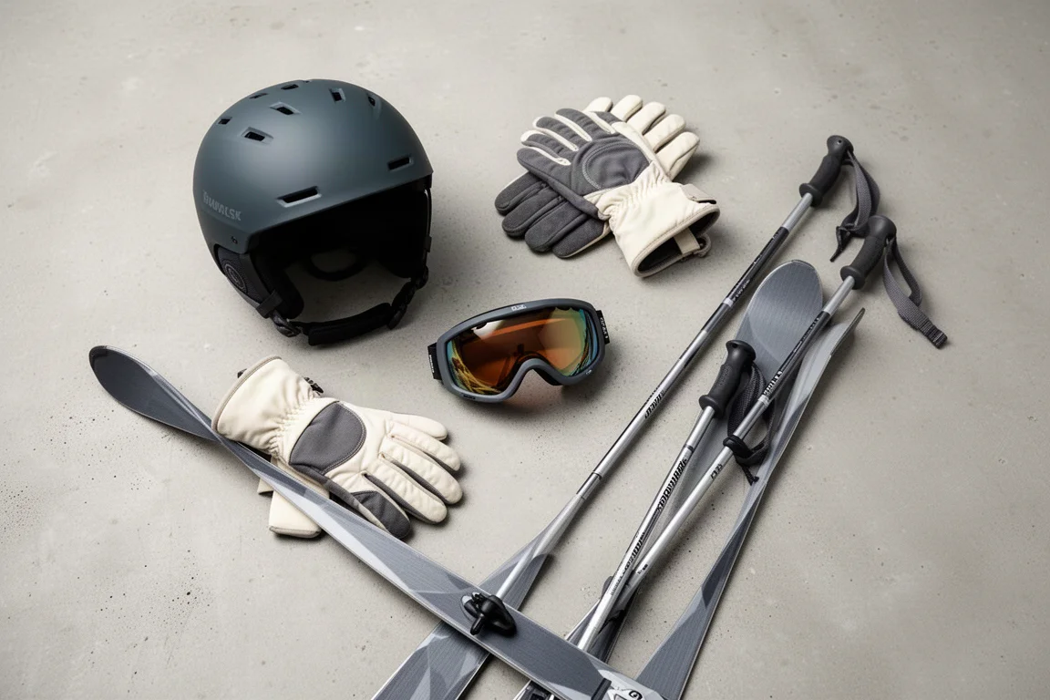Overhead flat lay of ski helmet, goggles, gloves, and poles on concrete