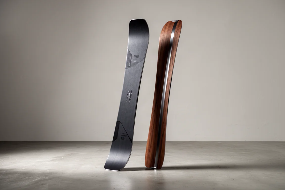 Two freeride skis standing upright on a matte concrete surface in soft studio light
