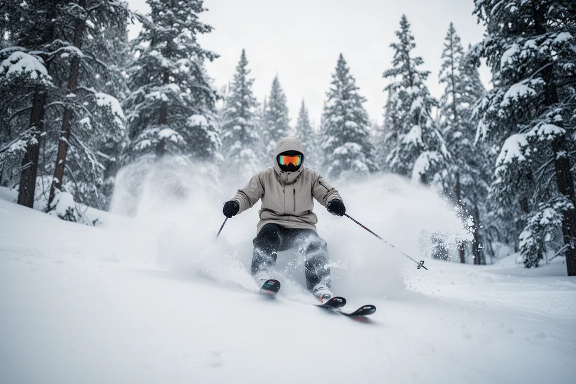 Freeride skier floating through deep powder among snow covered trees