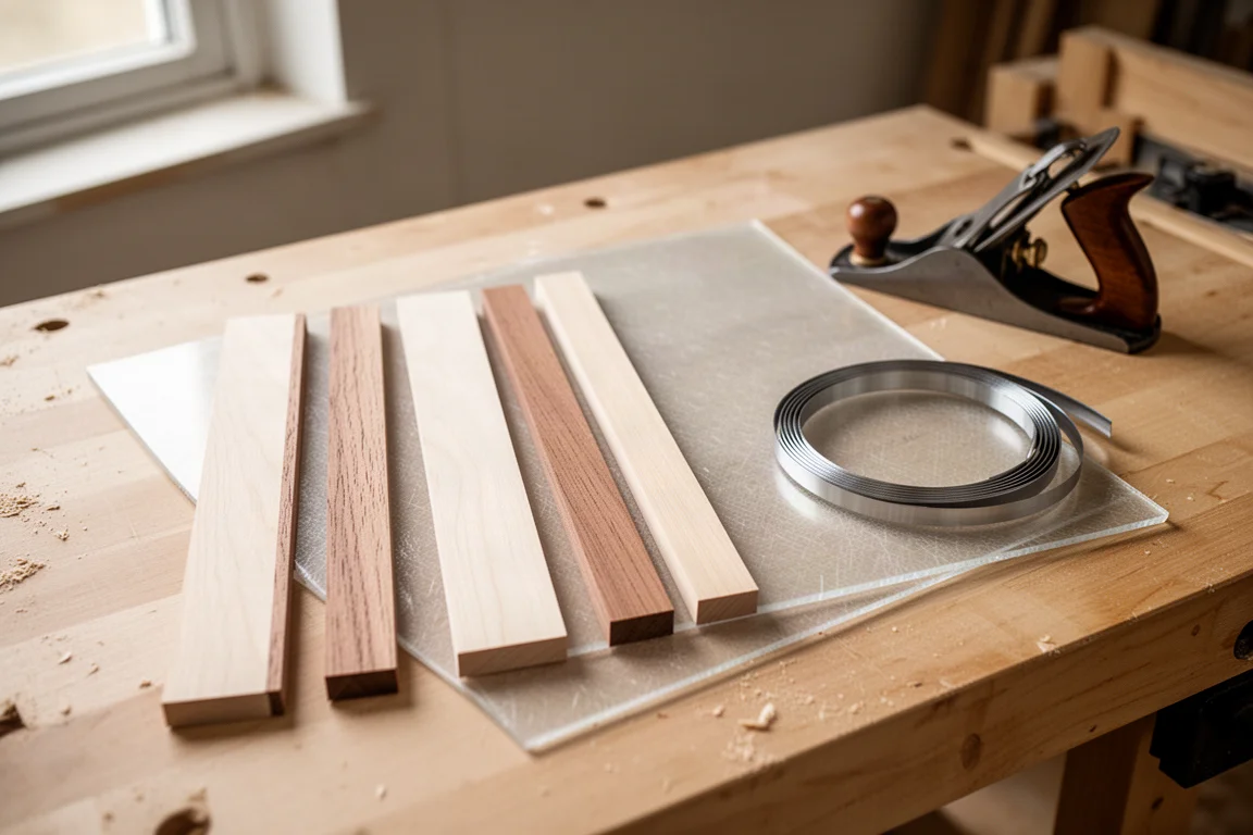 Wood core strips and fiberglass laminate sheets laid out on a workshop bench