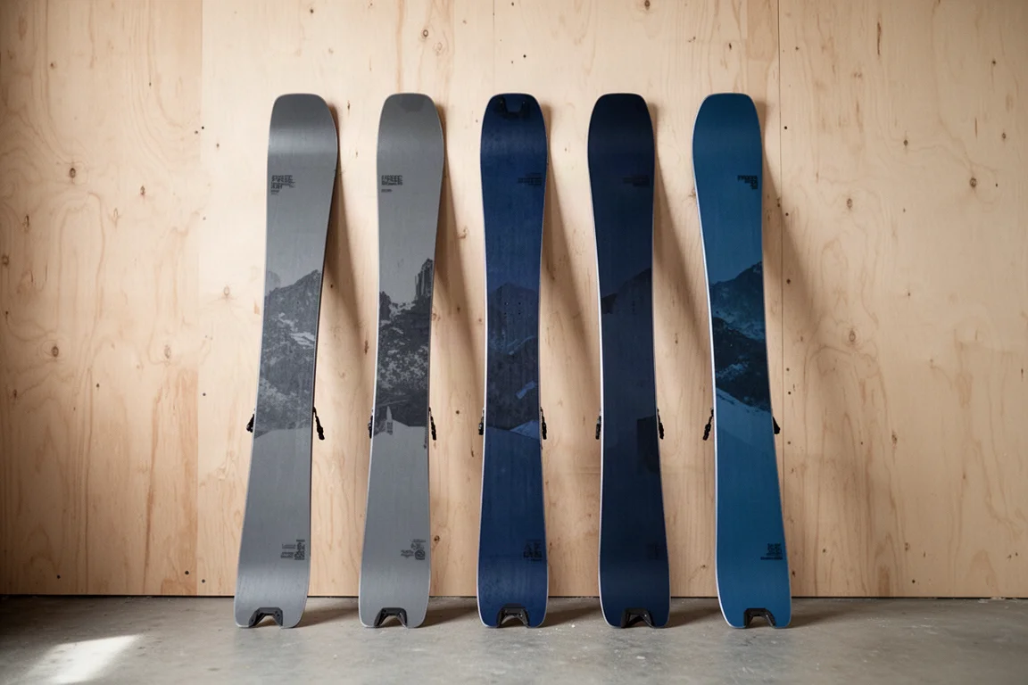 Several freeride skis of different widths leaning against a workshop wall