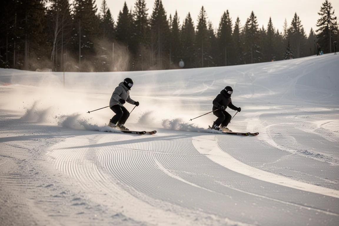 Skier making short turns on the softer edge of a groomed slope in late light