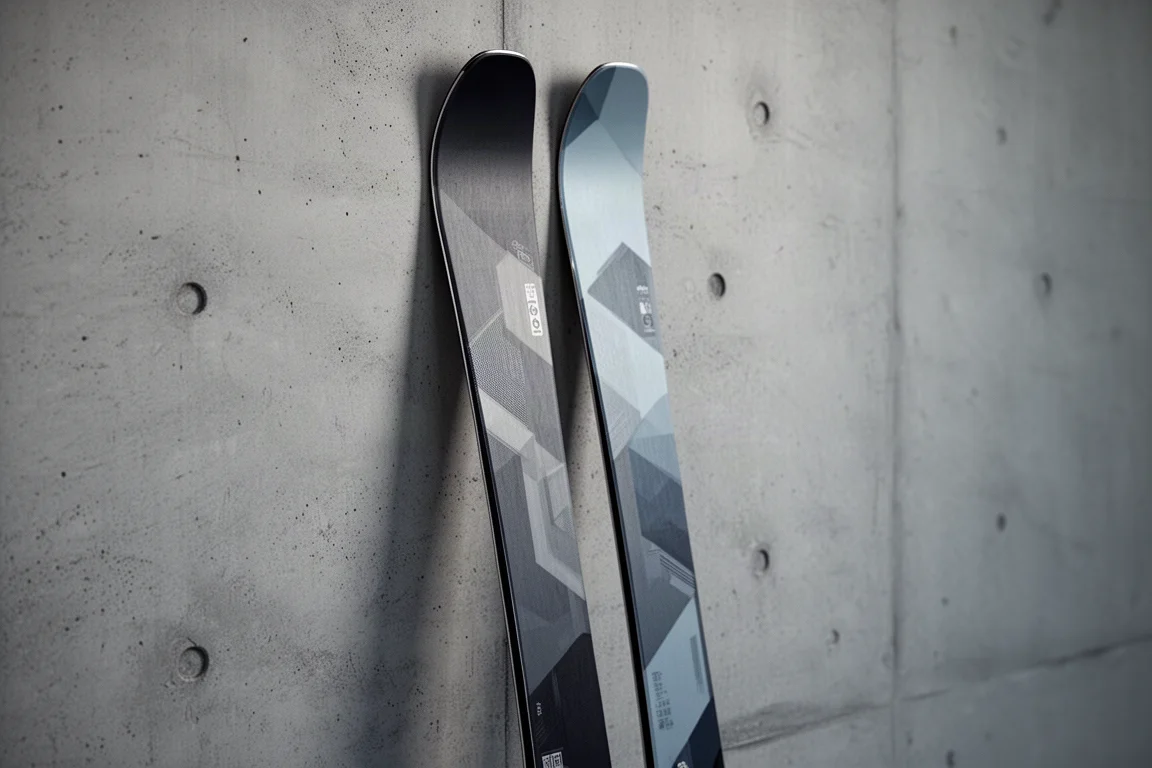 Pair of freeride skis with gently rockered shovels leaning against a concrete wall