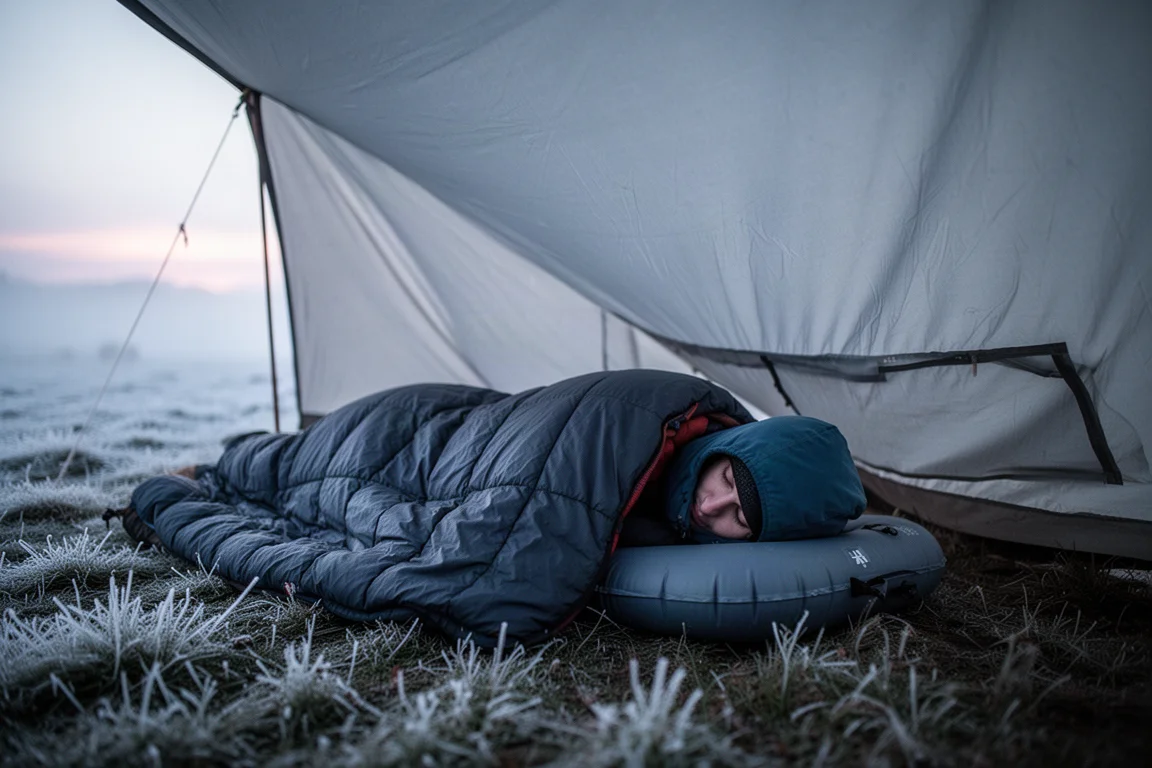 Alpiner Campingplatz im Morgengrauen mit leichtem Zelt und einer quiltbedeckten Isomatte