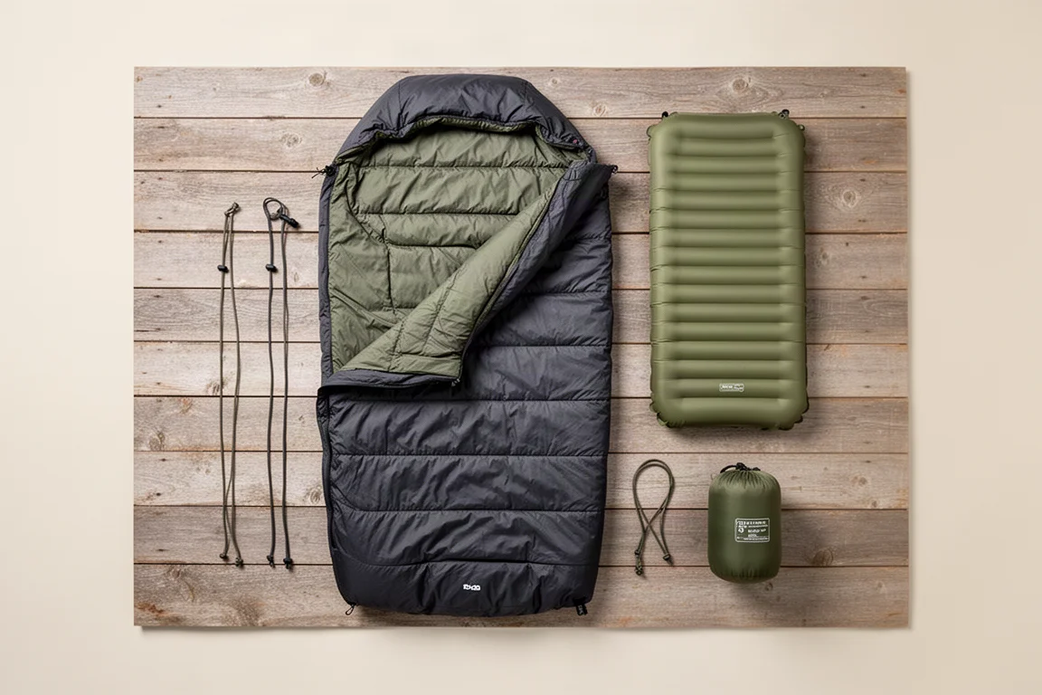 Quilt in einen Kompressionssack verpackt neben einem ultraleichten Rucksack