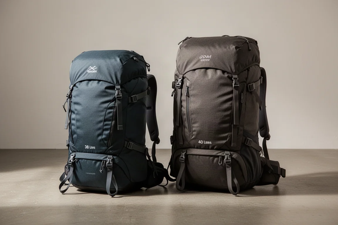Due zaini da viaggio, uno più squadrato e uno più alto, affiancati in uno studio