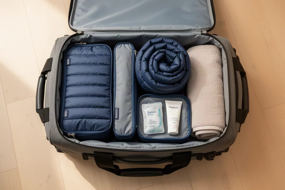 Travel duffel packed with clothing and packing cubes, main compartment open