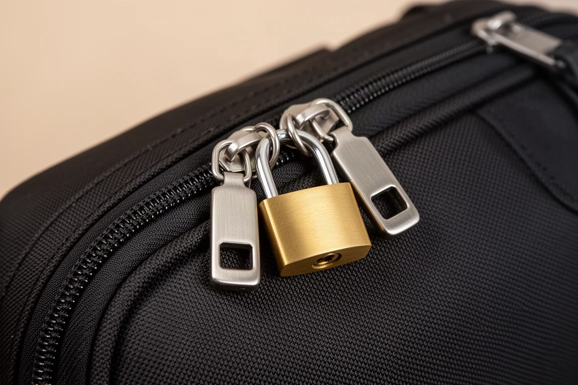 Close-up of lockable zipper pulls joined by a small padlock