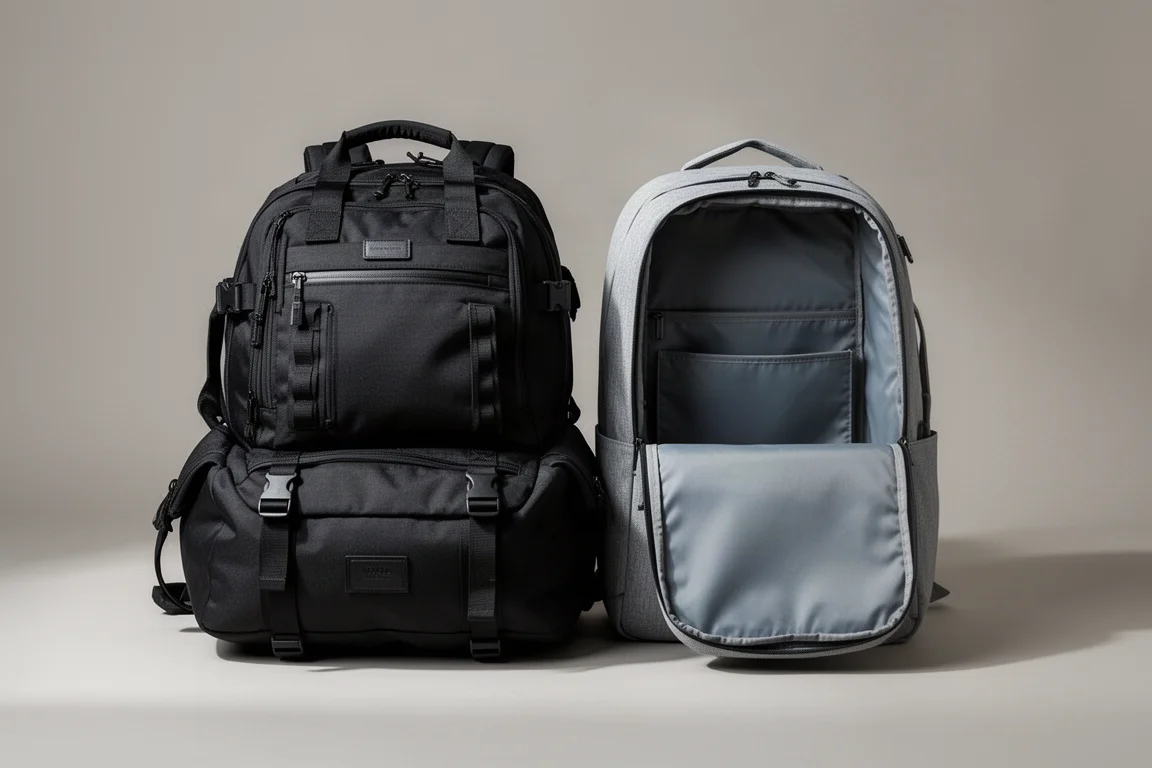 Two travel bags side by side showing different interior compartment depths