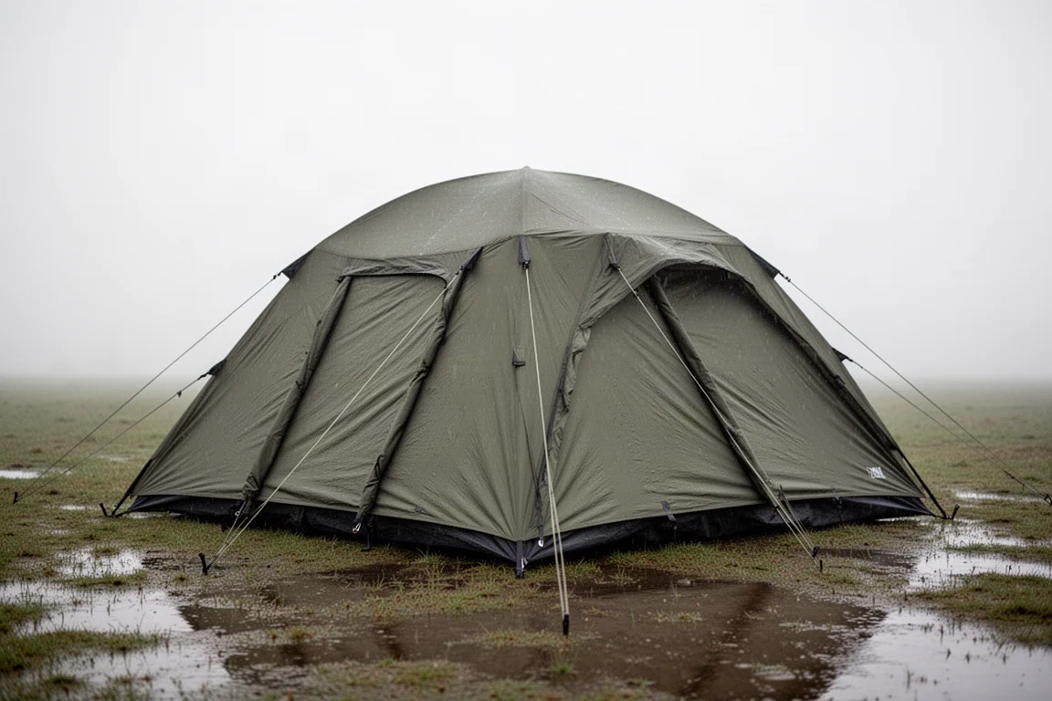 Olive green two-person double-wall tent pitched on wet grass under an overcast sky